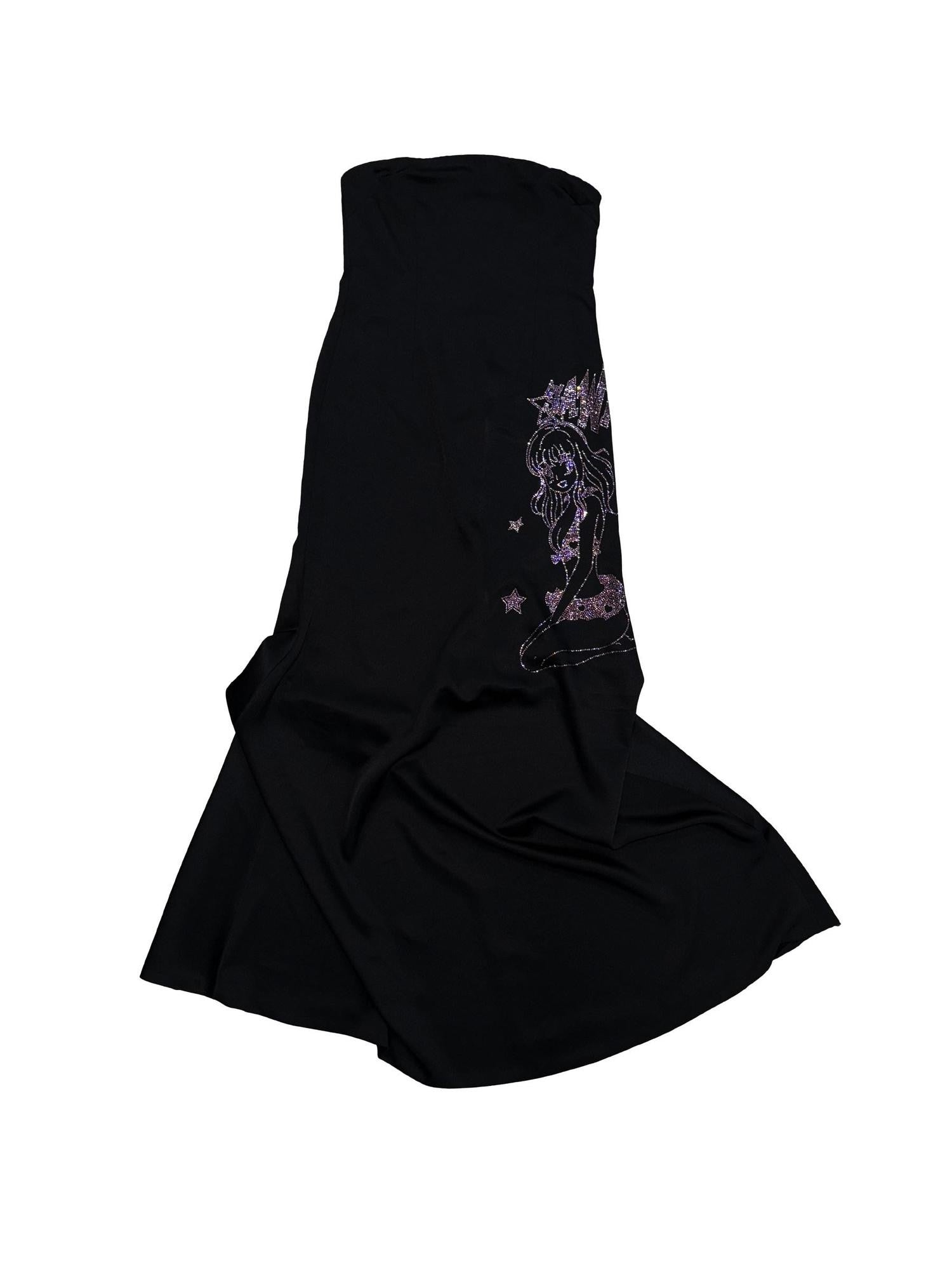 FOURFORTY Black Rhinestone Mermaid Bustier Women's Polyester Strapless Maxi Dresses