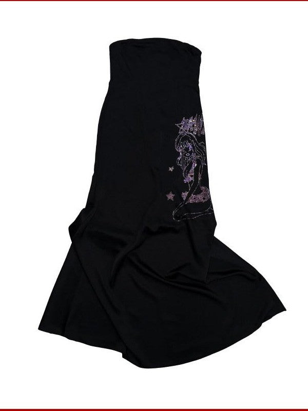 FOURFORTY Black Rhinestone Mermaid Bustier Women's Polyester Strapless Maxi Dresses
