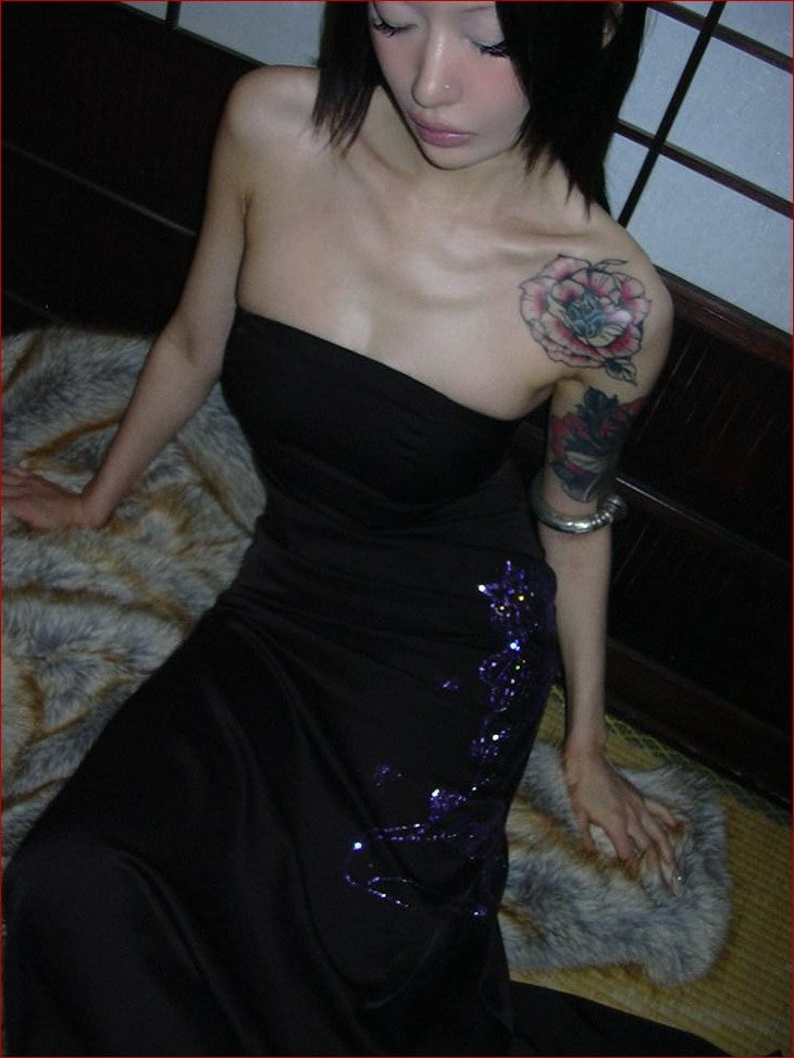 FOURFORTY Black Rhinestone Mermaid Bustier Women's Polyester Strapless Maxi Dresses