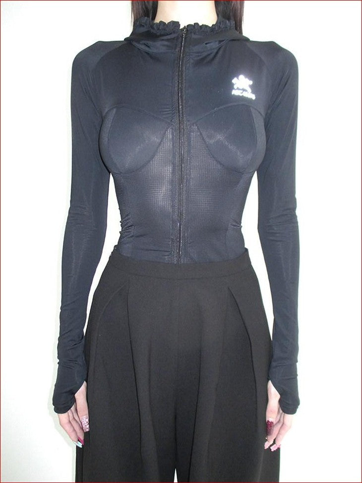 FOURFORTY Black Shaping Zip Up Hooded Waist Cinch Yoga Women's Track Jackets