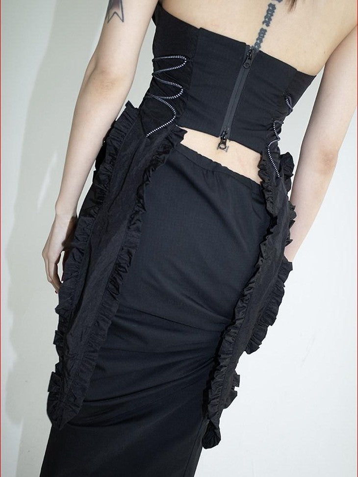 FOURFORTY Black Water Repellent Low Waist Sporty Women's Polyester Mermaid Skirts