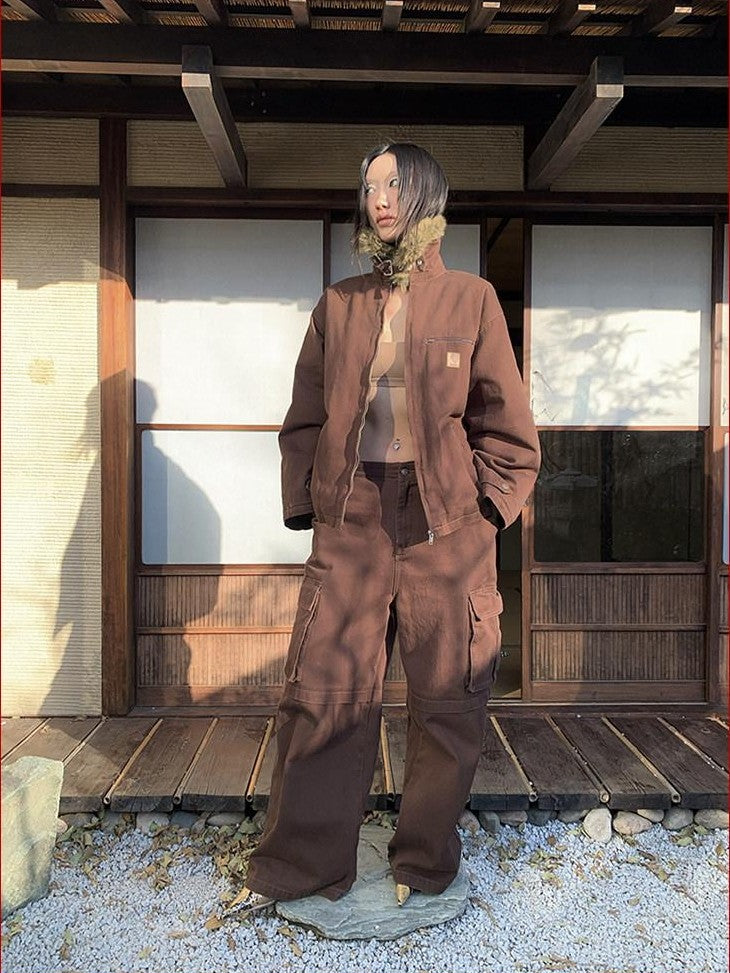 FOURFORTY Brown Barn Style Boxy Utility Street Women's Cotton Cargo Pants