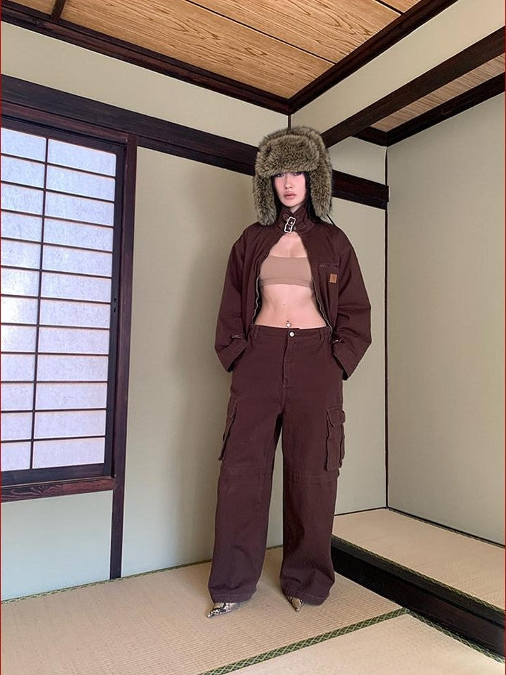 FOURFORTY Brown Barn Style Boxy Utility Street Women's Cotton Cargo Pants