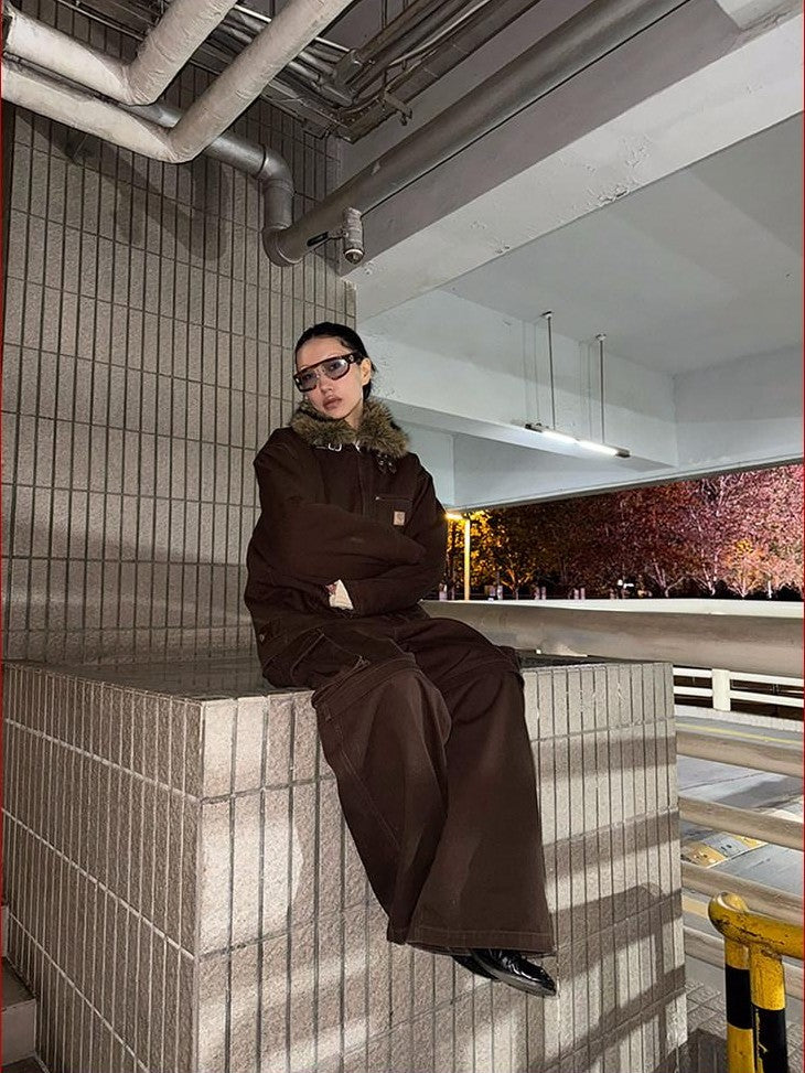 FOURFORTY Brown Barn Style Boxy Utility Street Women's Cotton Cargo Pants