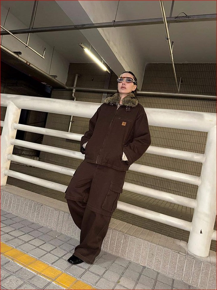 FOURFORTY Brown Barn Style Boxy Utility Street Women's Cotton Cargo Pants