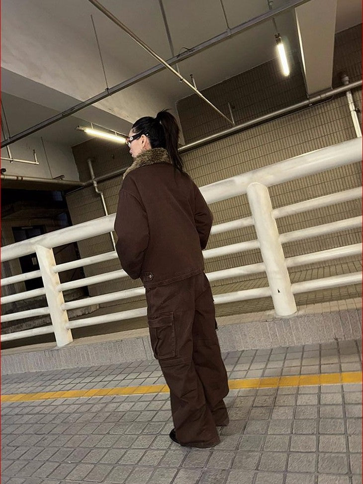 FOURFORTY Brown Barn Style Boxy Utility Street Women's Cotton Cargo Pants