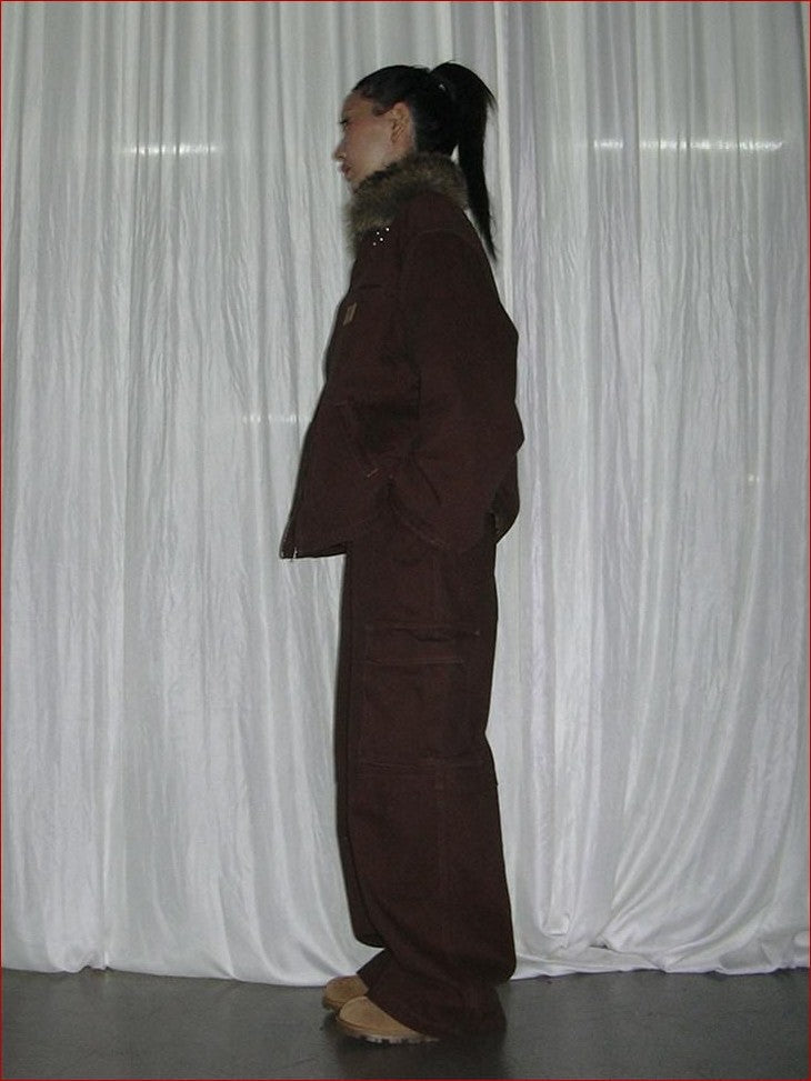 FOURFORTY Brown Barn Style Boxy Utility Street Women's Cotton Cargo Pants