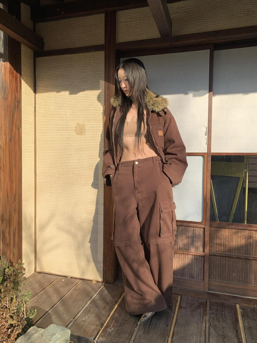 FOURFORTY Brown Barn Style Boxy Utility Street Women's Cotton Cargo Pants