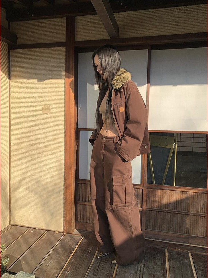 FOURFORTY Brown Barn Style Boxy Utility Street Women's Cotton Cargo Pants