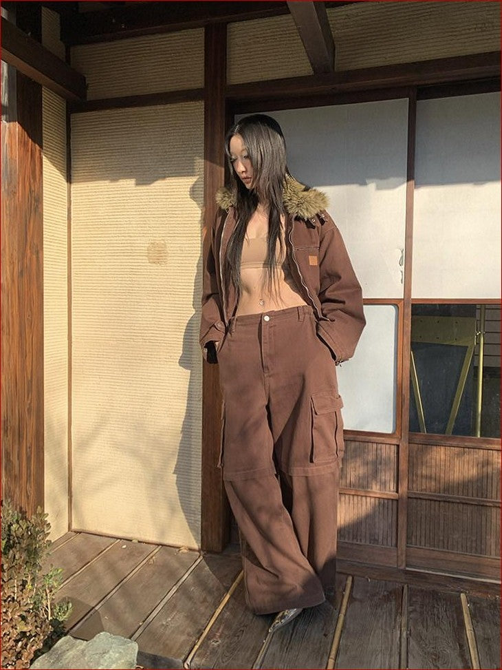 FOURFORTY Brown Barn Style Boxy Utility Street Women's Cotton Cargo Pants
