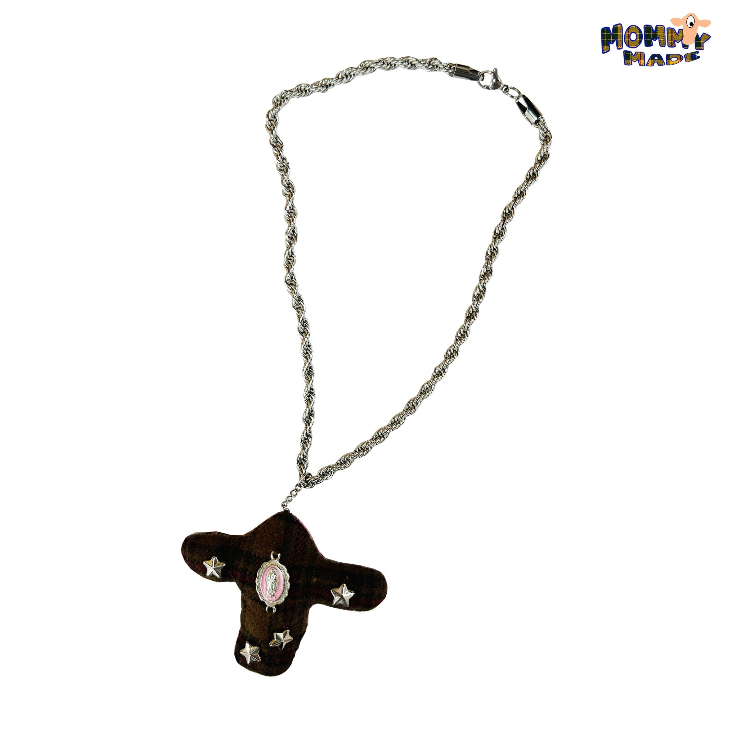 FOURFORTY_Brown_Plaid_Patchwork_Ox_Head_Cross_Women's_Alloy_Rope_Chain_Necklaces_826403249284_MISSTT