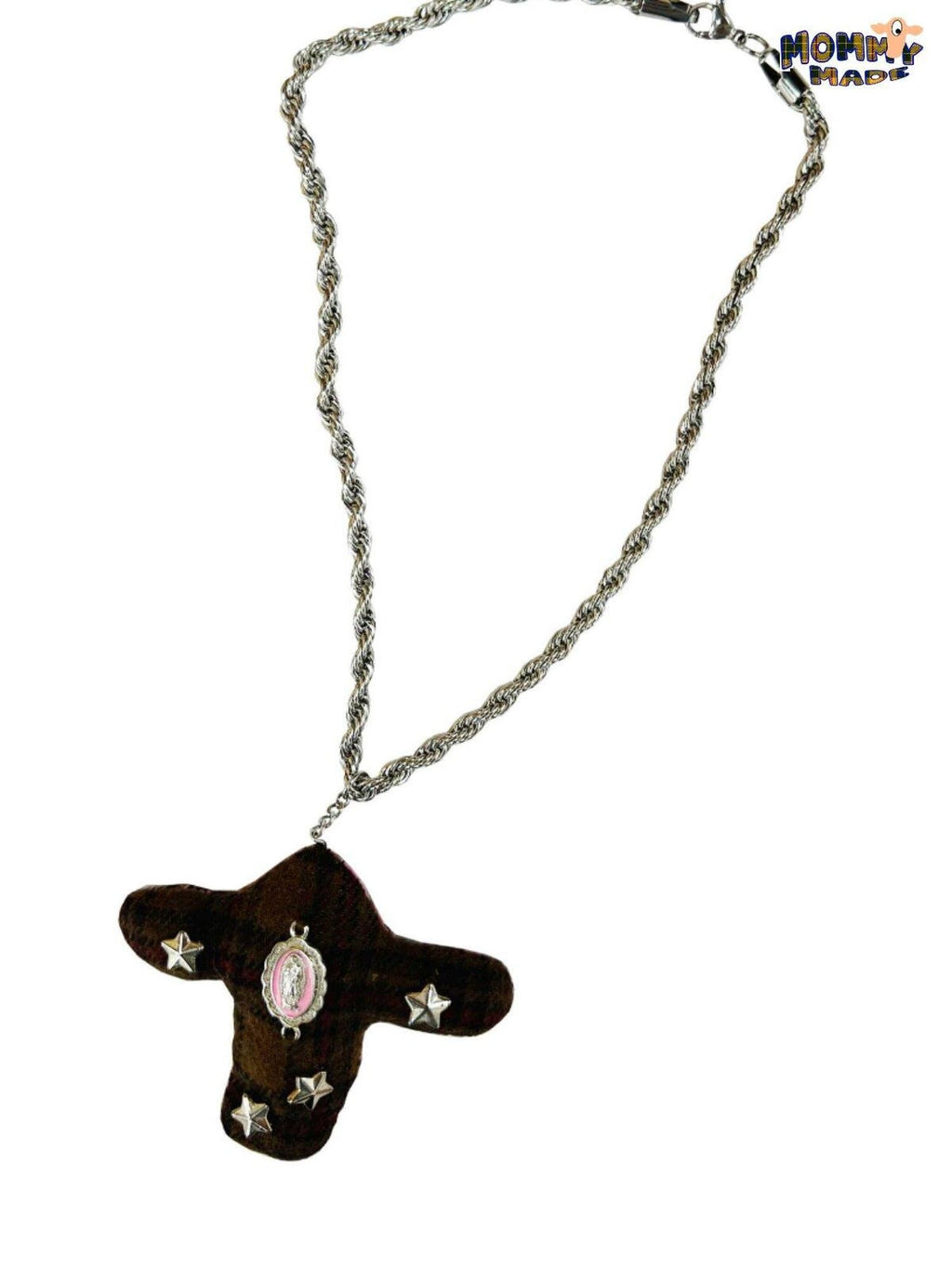 FOURFORTY Brown Plaid Patchwork Ox Head Cross Women's Alloy Rope Chain Necklaces