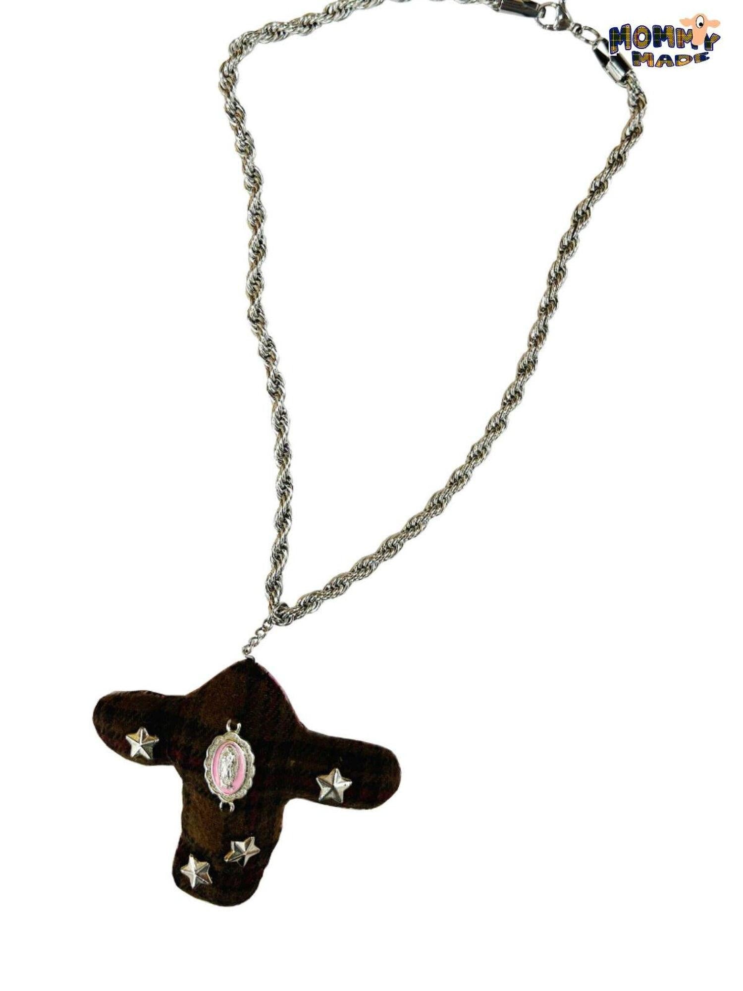 FOURFORTY Brown Plaid Patchwork Ox Head Cross Women's Alloy Rope Chain Necklaces