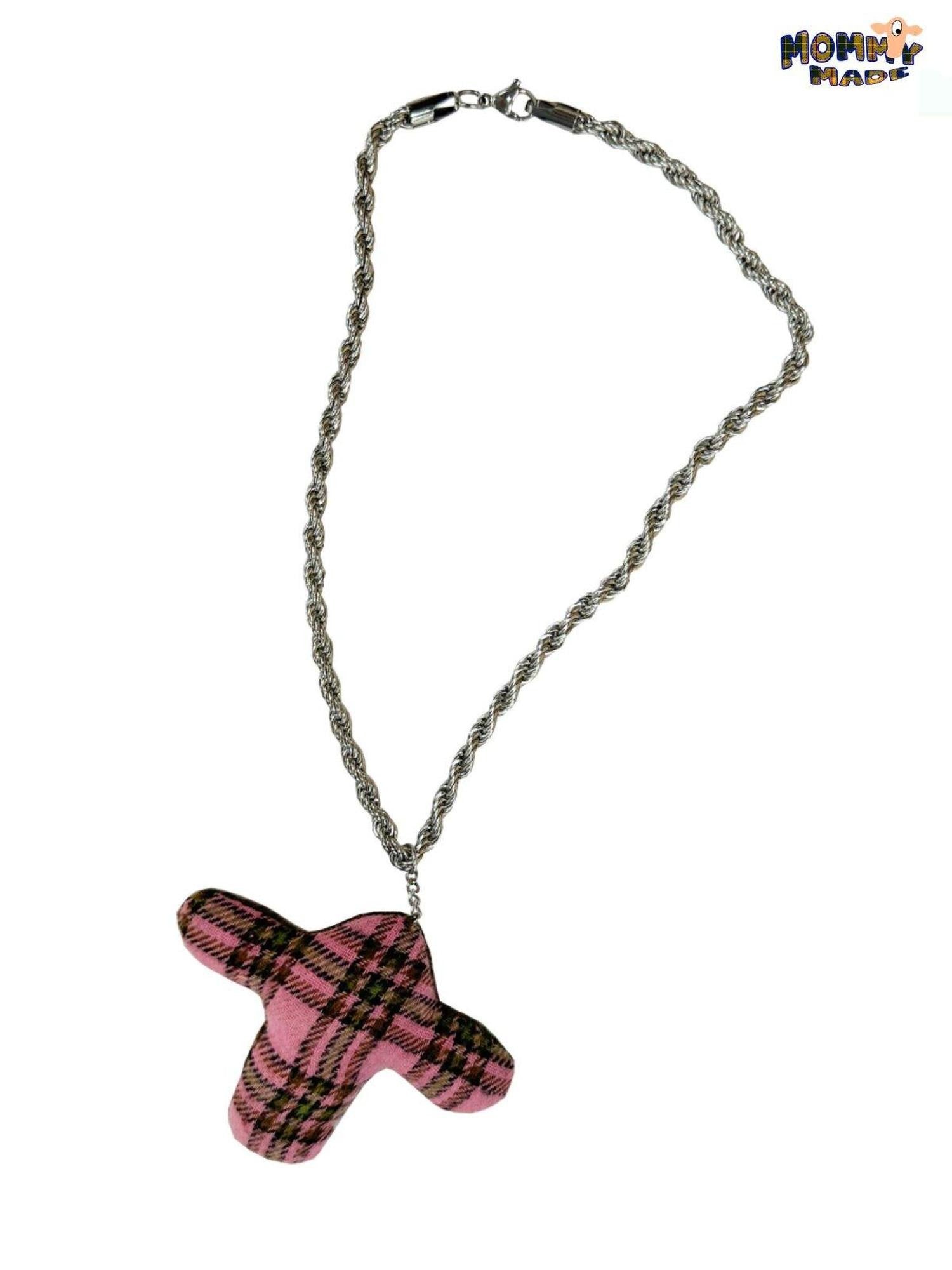 FOURFORTY Brown Plaid Patchwork Ox Head Cross Women's Alloy Rope Chain Necklaces