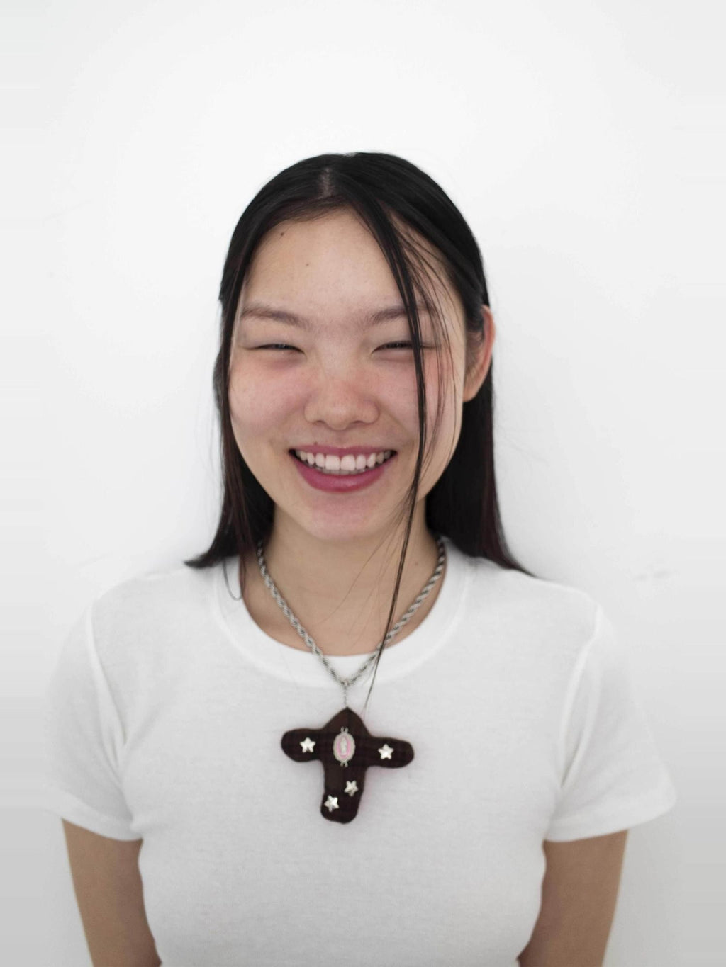 FOURFORTY Brown Plaid Patchwork Ox Head Cross Women's Alloy Rope Chain Necklaces
