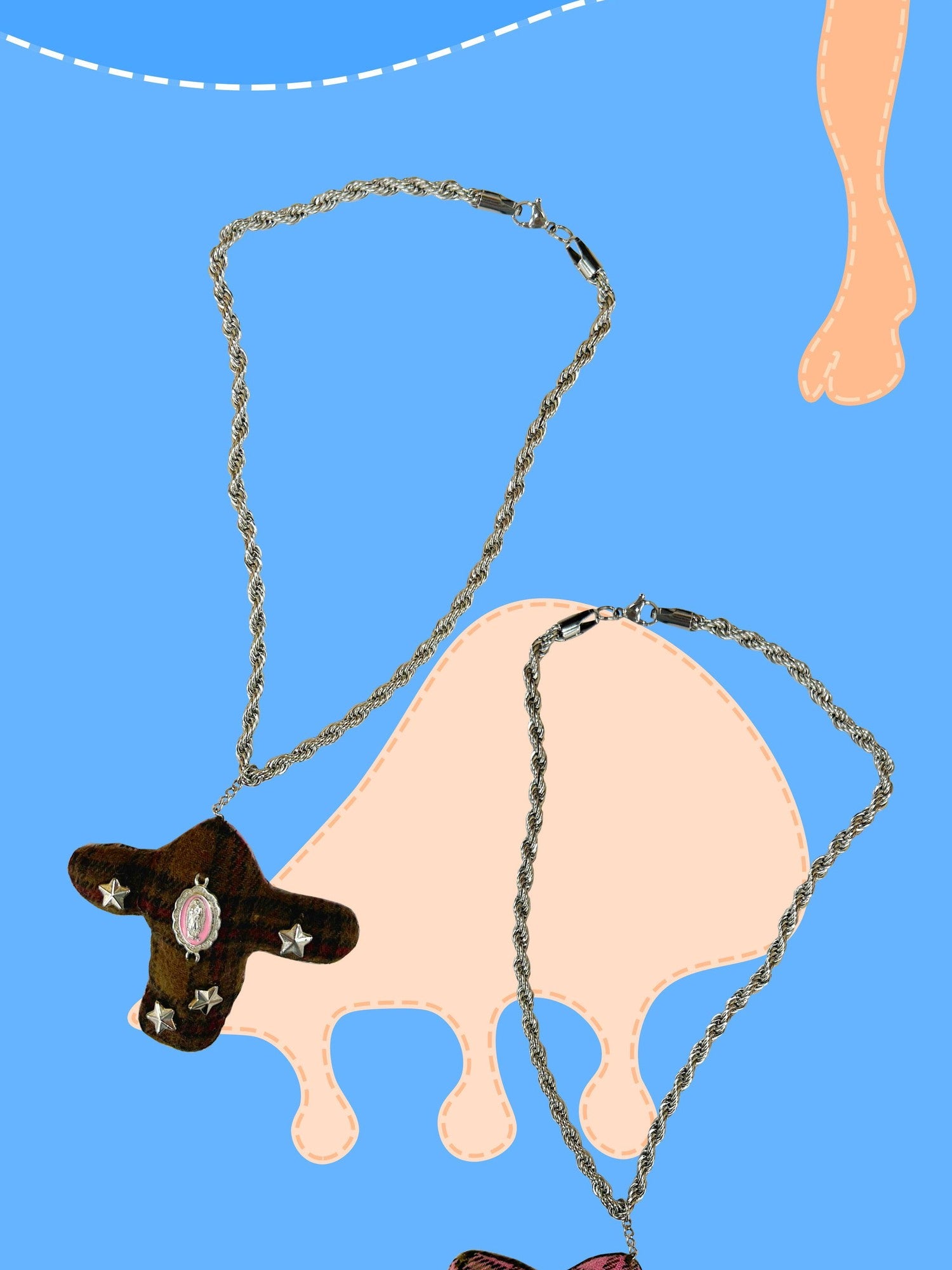 FOURFORTY Brown Plaid Patchwork Ox Head Cross Women's Alloy Rope Chain Necklaces