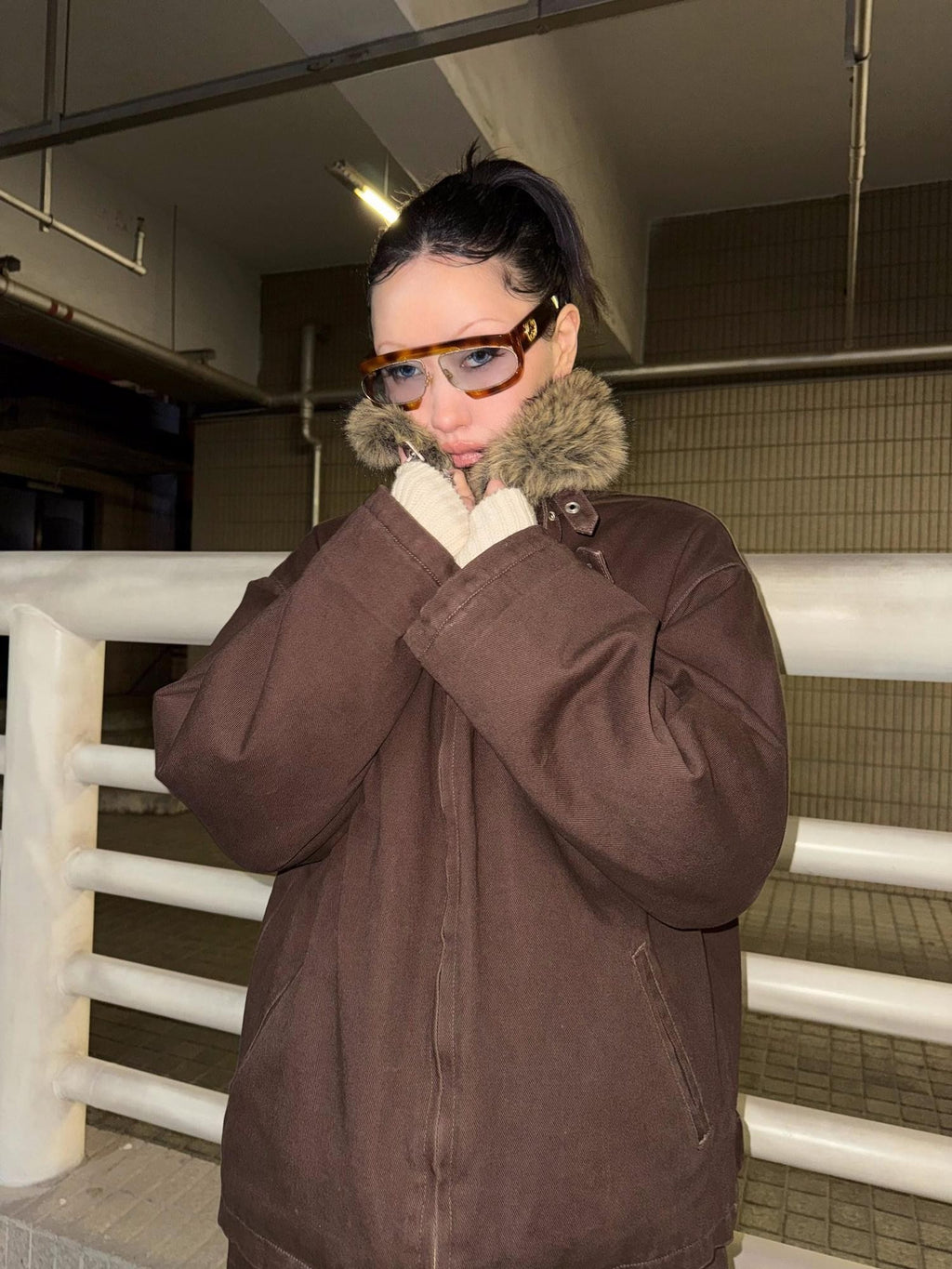 FOURFORTY Caramel Brown Detachable Fur Collar Barn Style Women's Puffer Jackets