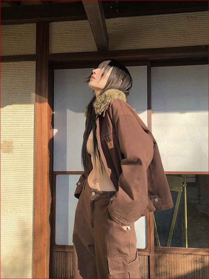 FOURFORTY Caramel Brown Detachable Fur Collar Barn Style Women's Puffer Jackets