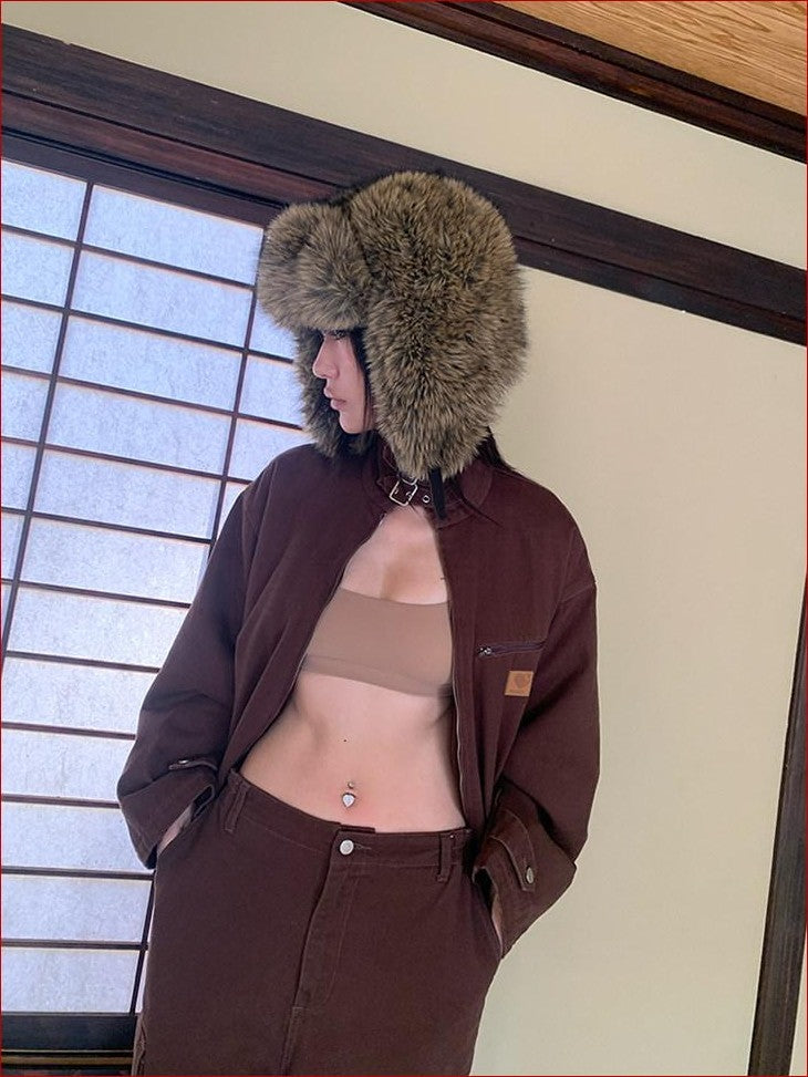 FOURFORTY Caramel Brown Detachable Fur Collar Barn Style Women's Puffer Jackets