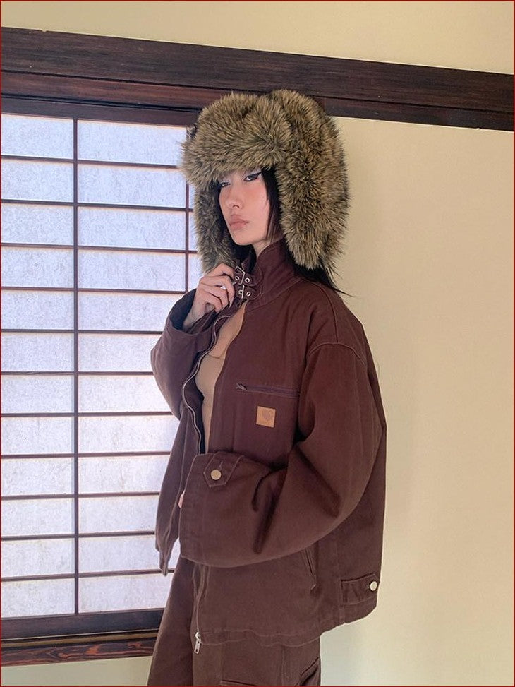 FOURFORTY Caramel Brown Detachable Fur Collar Barn Style Women's Puffer Jackets