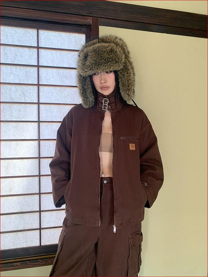 FOURFORTY Caramel Brown Detachable Fur Collar Barn Style Women's Puffer Jackets