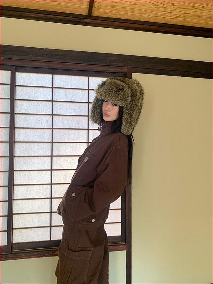 FOURFORTY Caramel Brown Detachable Fur Collar Barn Style Women's Puffer Jackets