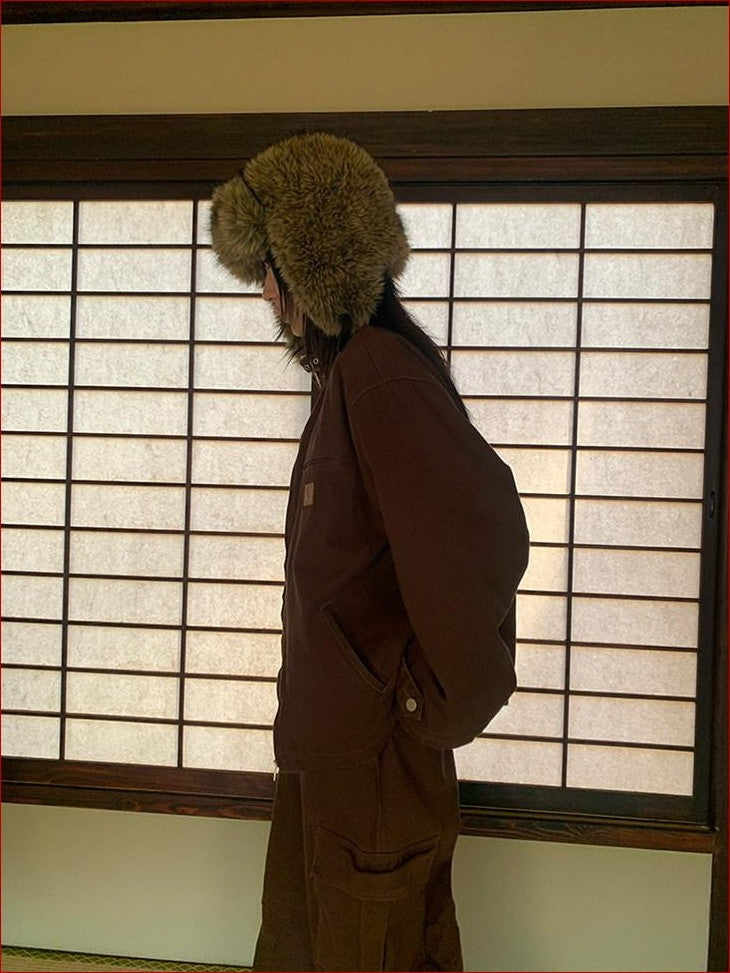 FOURFORTY Caramel Brown Detachable Fur Collar Barn Style Women's Puffer Jackets