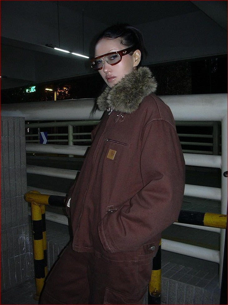FOURFORTY Caramel Brown Detachable Fur Collar Barn Style Women's Puffer Jackets