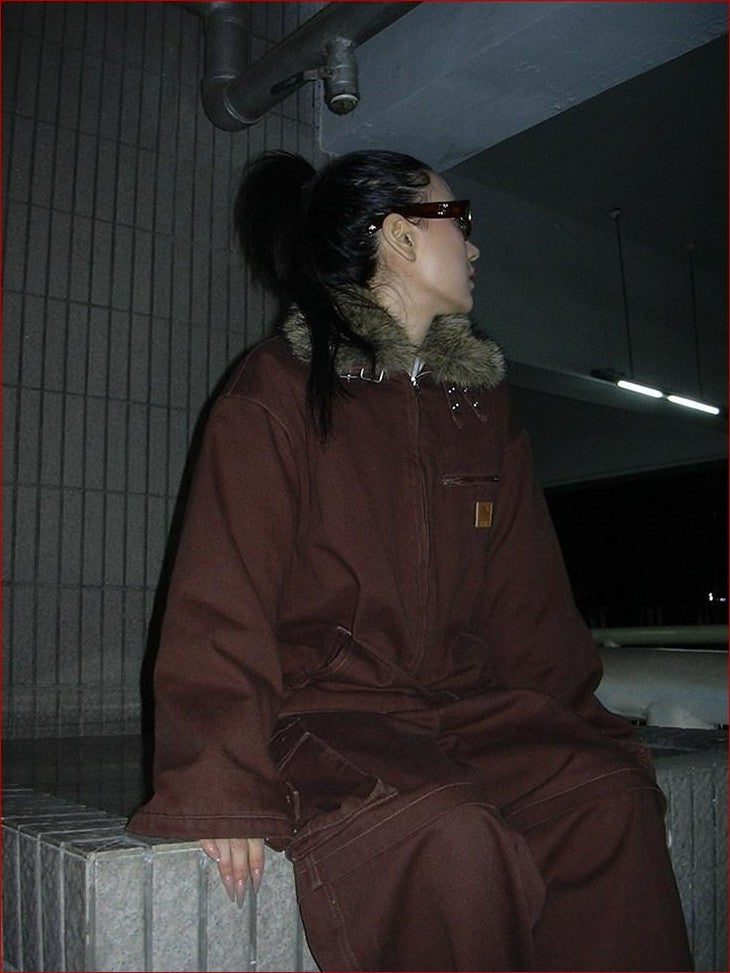 FOURFORTY Caramel Brown Detachable Fur Collar Barn Style Women's Puffer Jackets