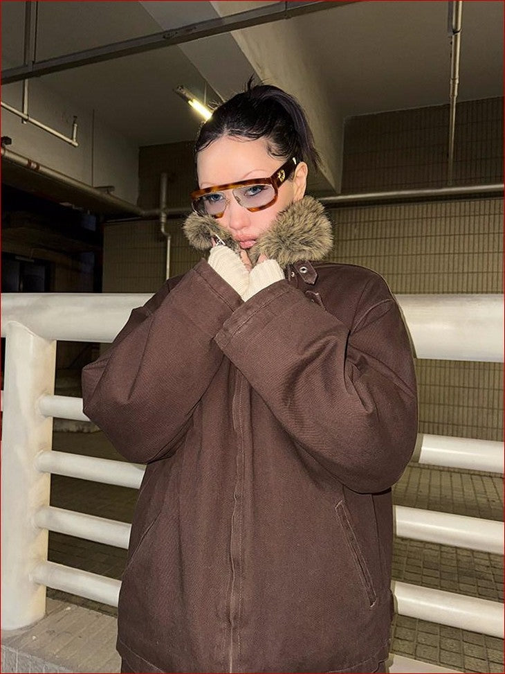 FOURFORTY Caramel Brown Detachable Fur Collar Barn Style Women's Puffer Jackets