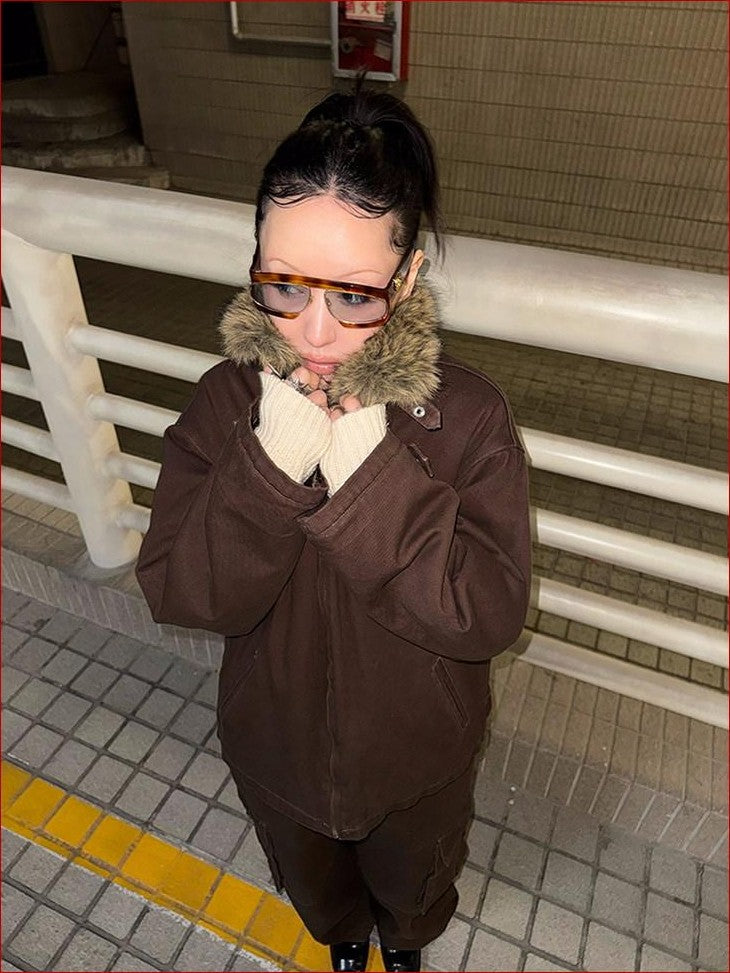 FOURFORTY Caramel Brown Detachable Fur Collar Barn Style Women's Puffer Jackets