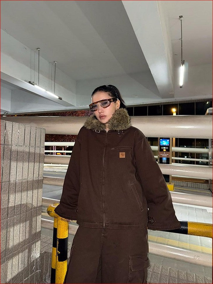 FOURFORTY Caramel Brown Detachable Fur Collar Barn Style Women's Puffer Jackets