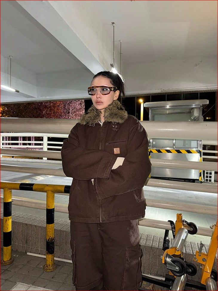 FOURFORTY Caramel Brown Detachable Fur Collar Barn Style Women's Puffer Jackets