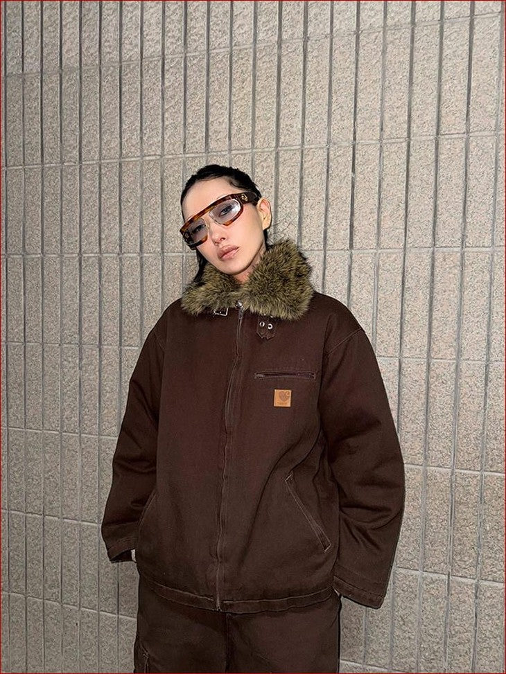 FOURFORTY Caramel Brown Detachable Fur Collar Barn Style Women's Puffer Jackets
