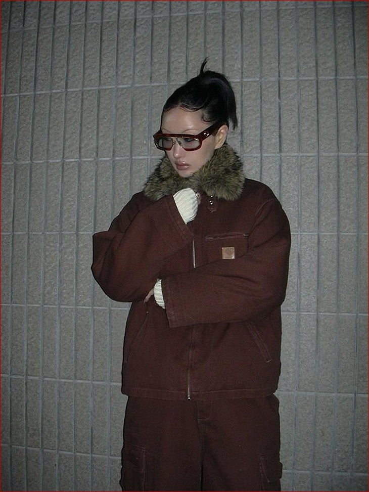 FOURFORTY Caramel Brown Detachable Fur Collar Barn Style Women's Puffer Jackets