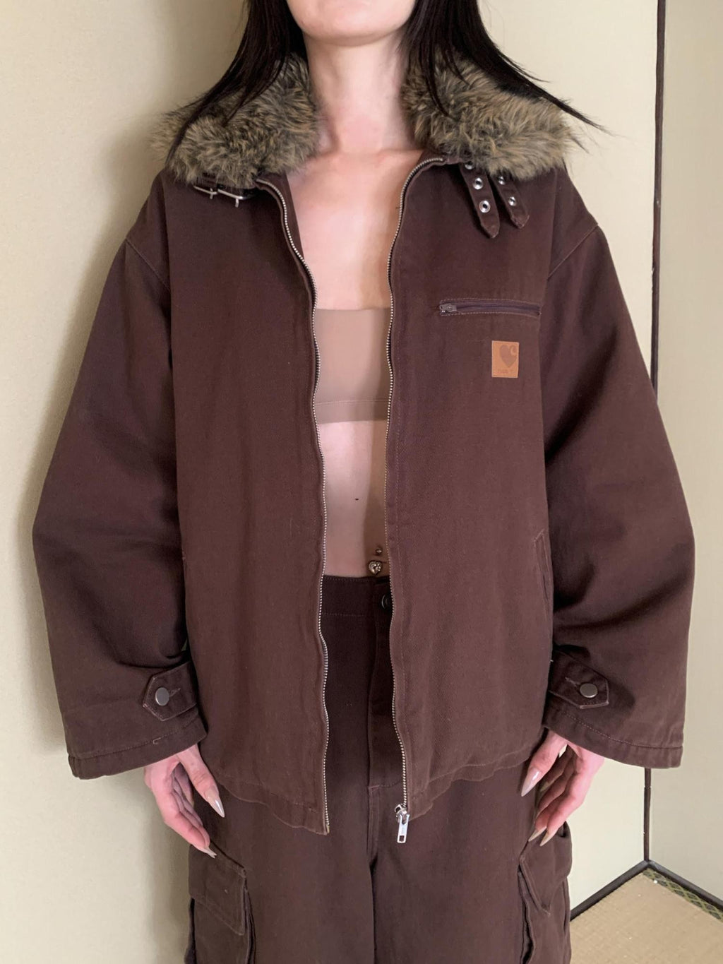 FOURFORTY Caramel Brown Detachable Fur Collar Barn Style Women's Puffer Jackets
