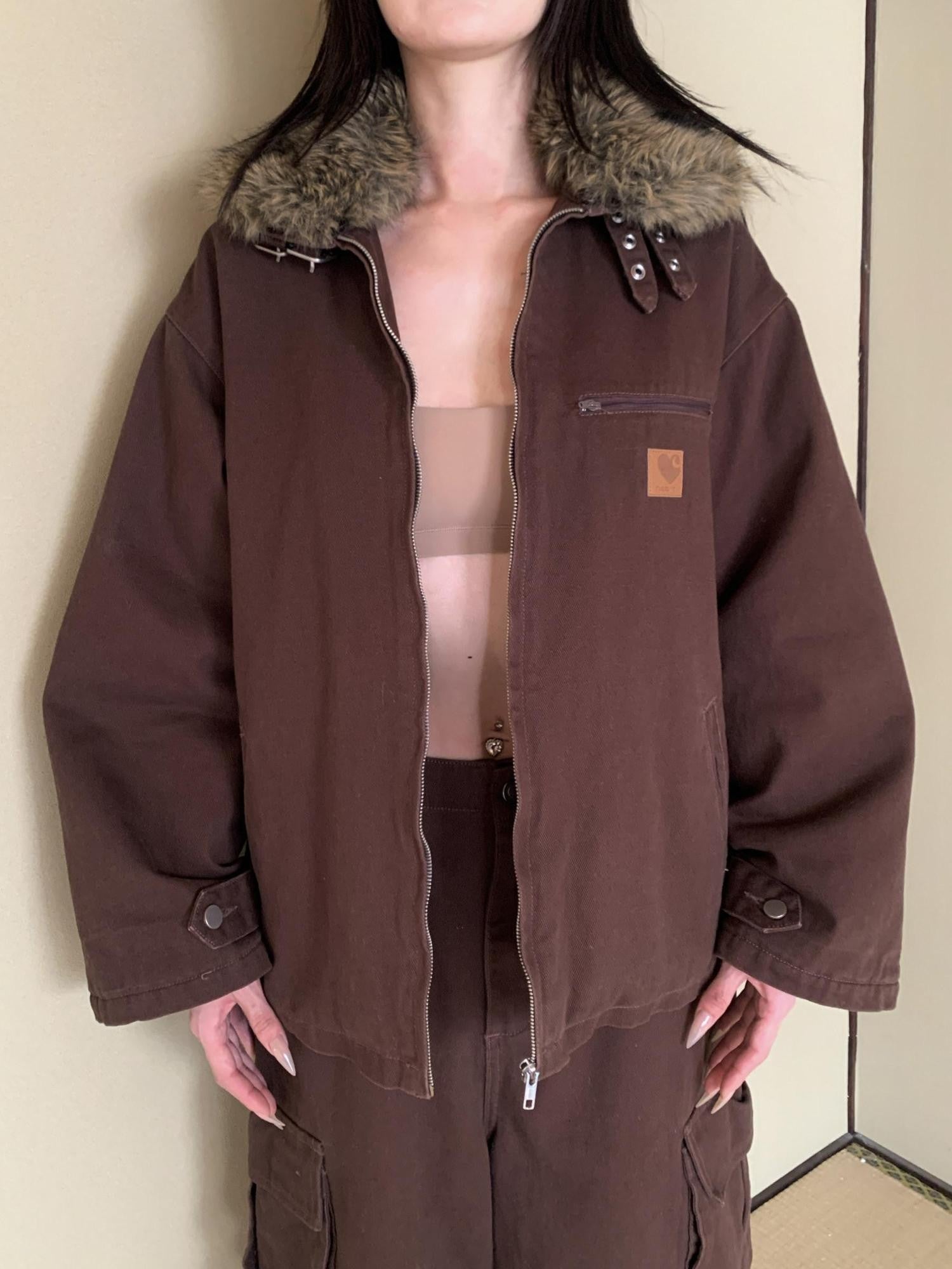 FOURFORTY Caramel Brown Detachable Fur Collar Barn Style Women's Puffer Jackets