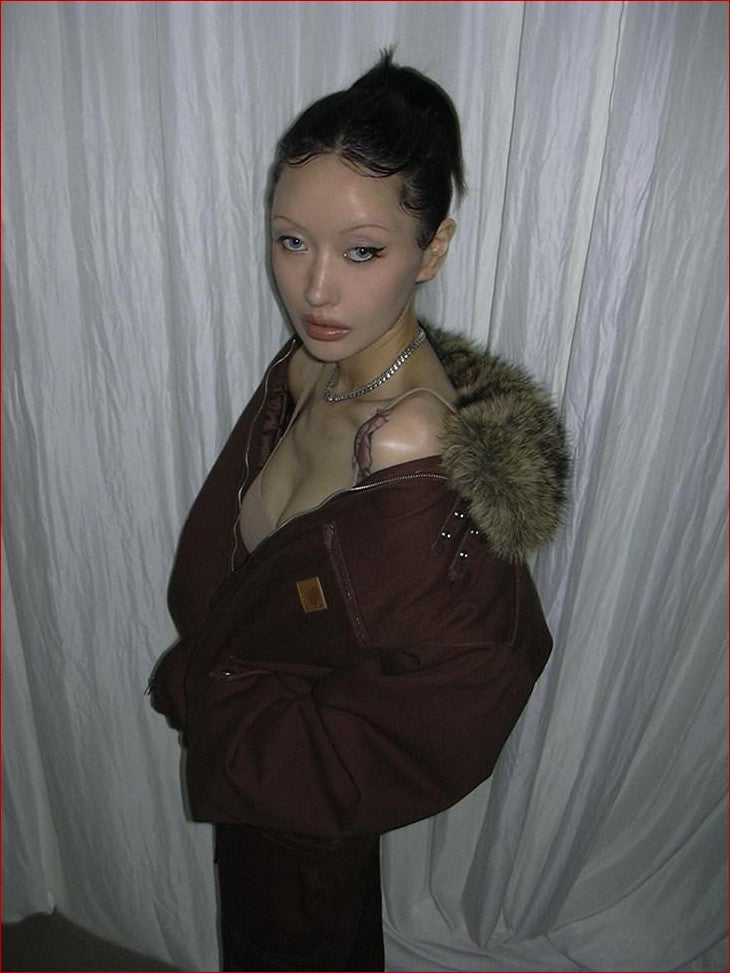 FOURFORTY Caramel Brown Detachable Fur Collar Barn Style Women's Puffer Jackets