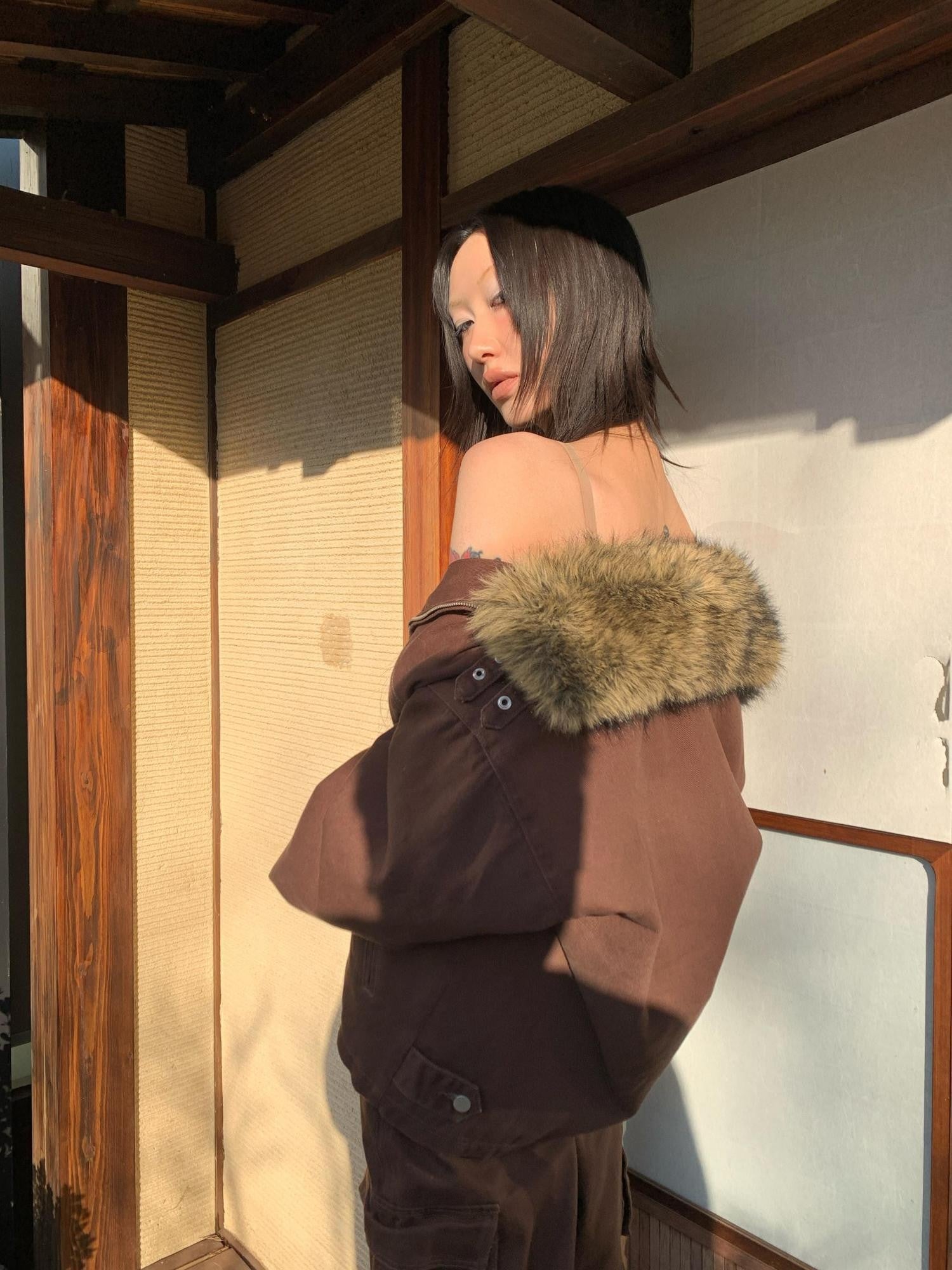 FOURFORTY Caramel Brown Detachable Fur Collar Barn Style Women's Puffer Jackets