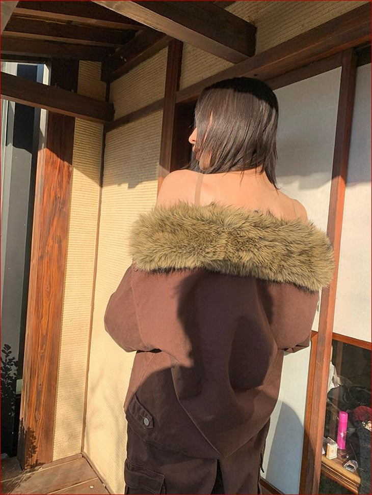 FOURFORTY Caramel Brown Detachable Fur Collar Barn Style Women's Puffer Jackets