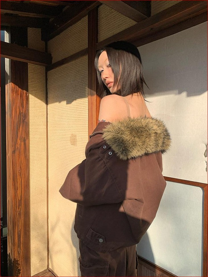 FOURFORTY Caramel Brown Detachable Fur Collar Barn Style Women's Puffer Jackets