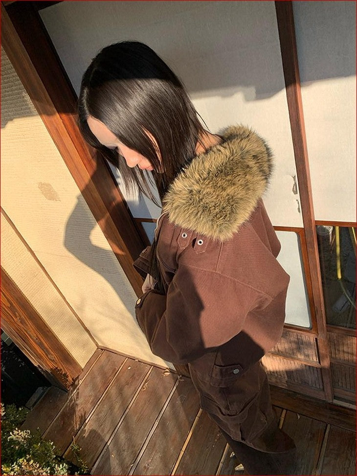 FOURFORTY Caramel Brown Detachable Fur Collar Barn Style Women's Puffer Jackets