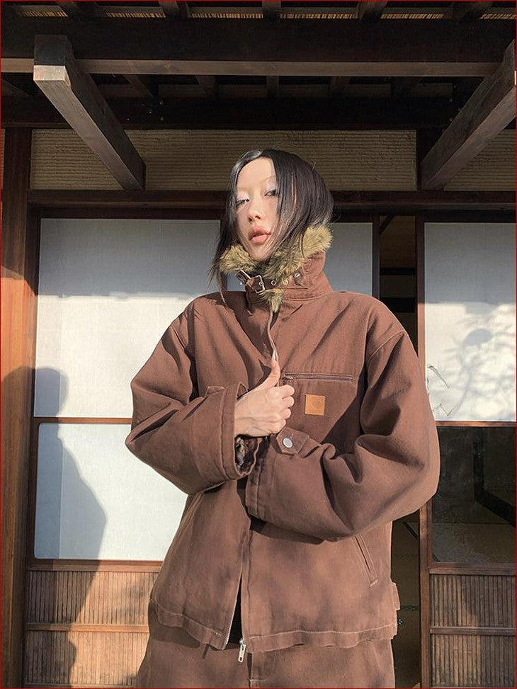 FOURFORTY Caramel Brown Detachable Fur Collar Barn Style Women's Puffer Jackets