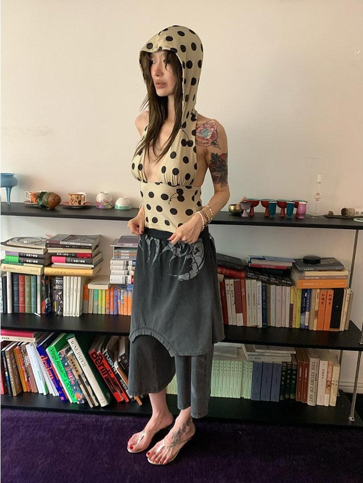FOURFORTY Cherry Polka Dot Backless Slim Fit Women's Polyester Stretch Tank Tops
