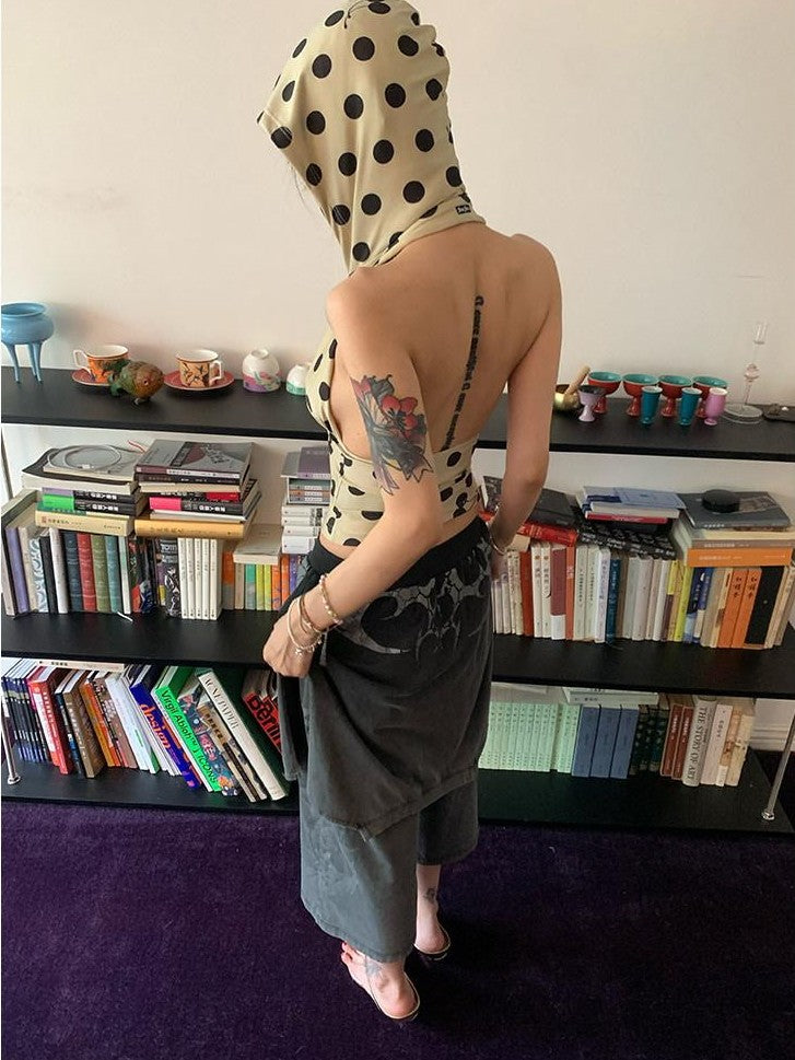 FOURFORTY Cherry Polka Dot Backless Slim Fit Women's Polyester Stretch Tank Tops