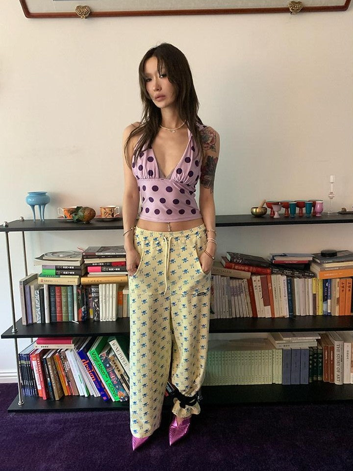 FOURFORTY Cherry Polka Dot Backless Slim Fit Women's Polyester Stretch Tank Tops