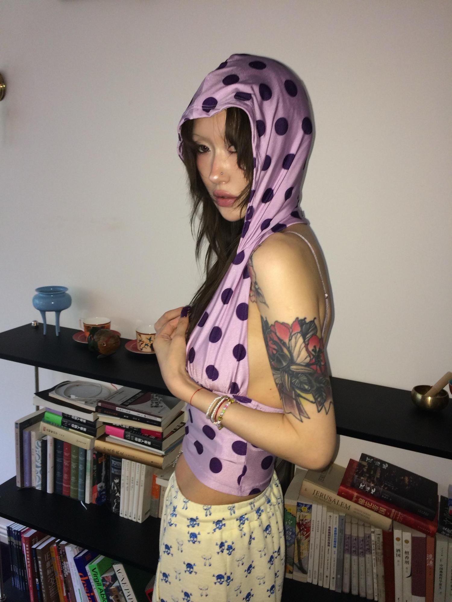 FOURFORTY Cherry Polka Dot Backless Slim Fit Women's Polyester Stretch Tank Tops
