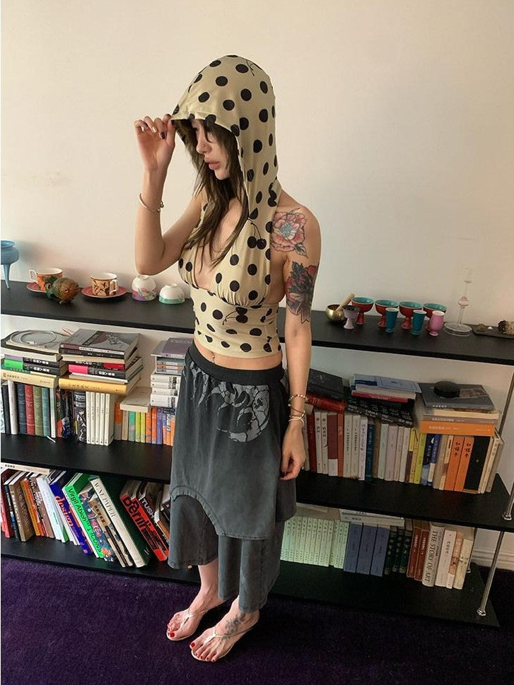 FOURFORTY Cherry Polka Dot Backless Slim Fit Women's Polyester Stretch Tank Tops