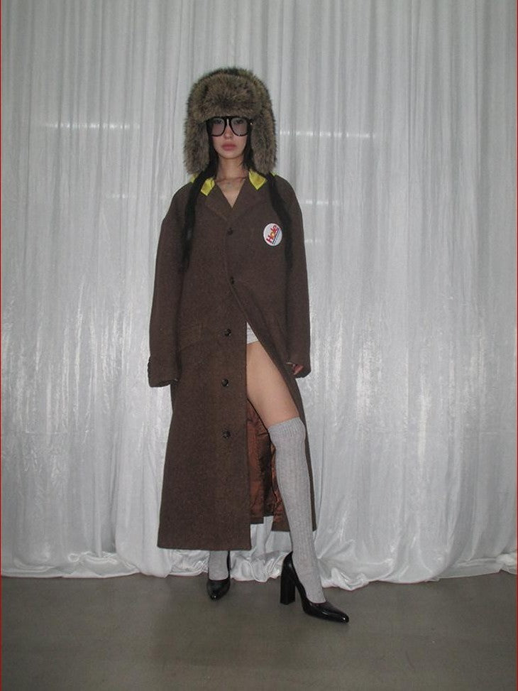 FOURFORTY Colorblock Hooded Single Breasted Women's Wool Blend Long Coats
