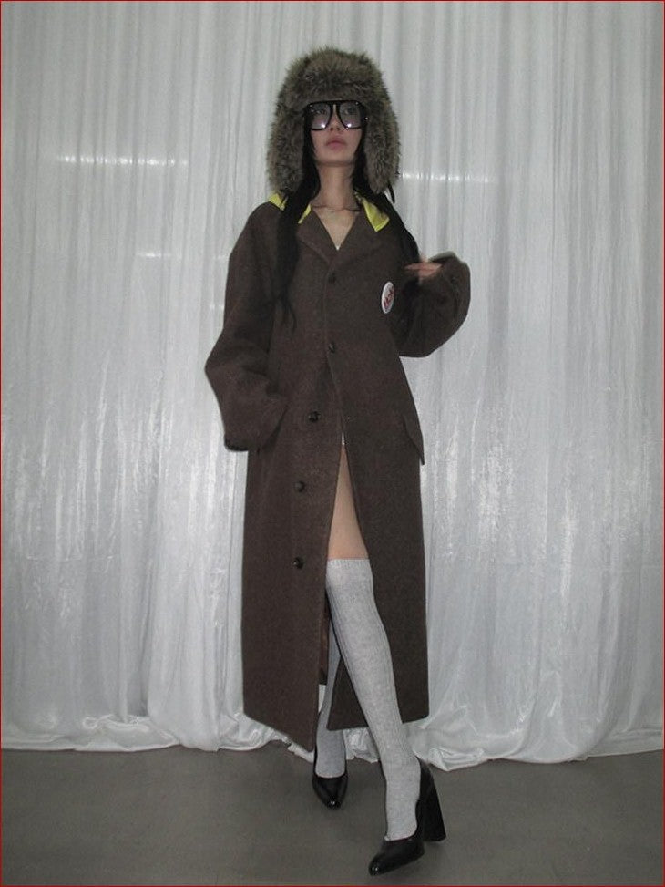FOURFORTY Colorblock Hooded Single Breasted Women's Wool Blend Long Coats